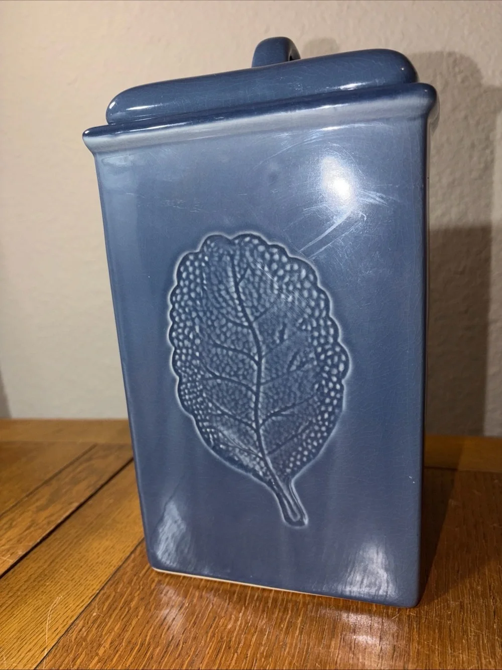 Vintage Lillian Vernon Kitchen Canister Blue Embossed Leaf Ceramic 11” - Picture 4 of 10